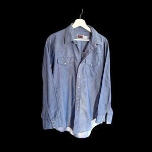 Vintage 70's Big Mac Shirt Sz L/XL Blue Work Mechanic Pearl Snap Distressed